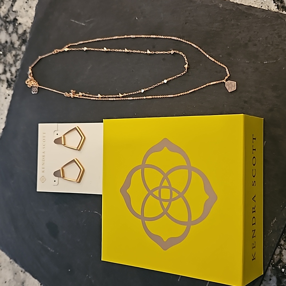 NWOT Kendra Scott, Rose Gold, Clove double strand necklace and Paxton earrings